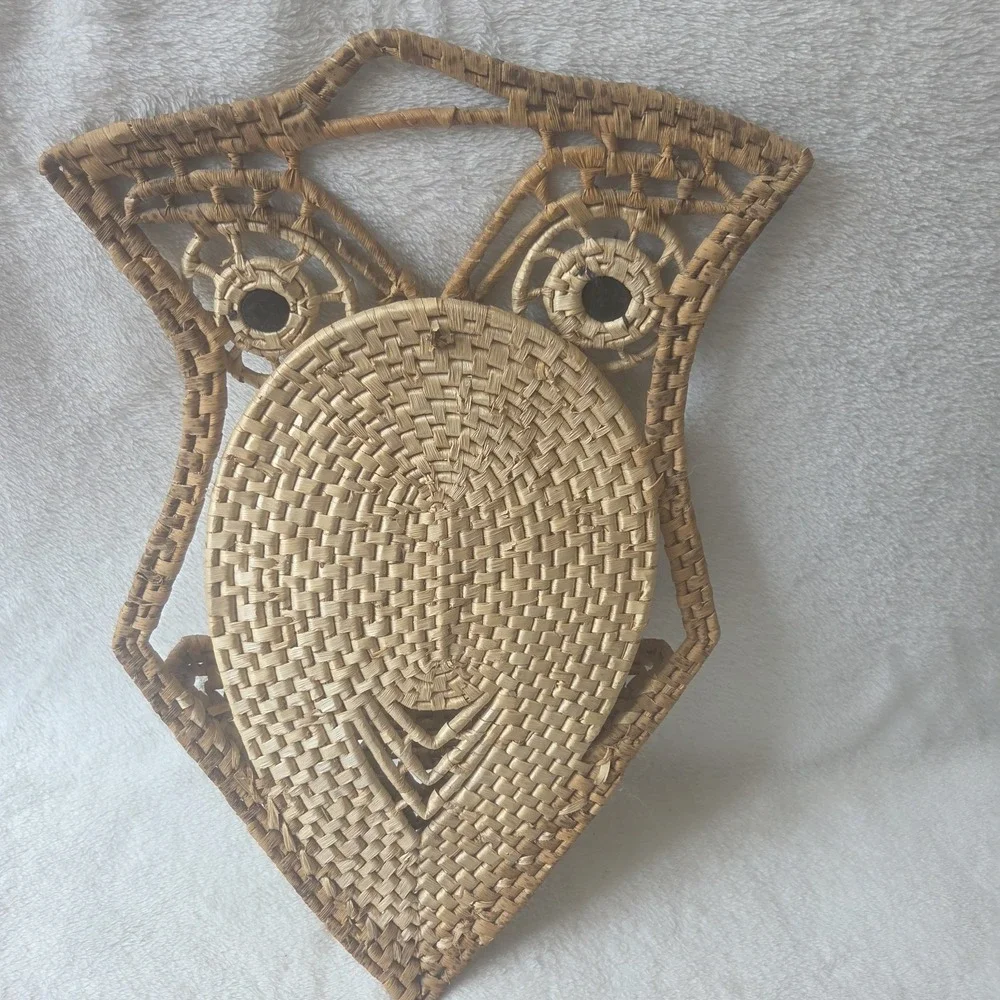 Vintage Boho Owl Woven Wicker Wall Pocket Mail Trivet Holder Cottagecore Read